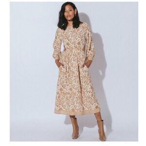 Cleobella Gracey Midi Cutout Dress Tan Floral XS Long Sleeves w/Buttons